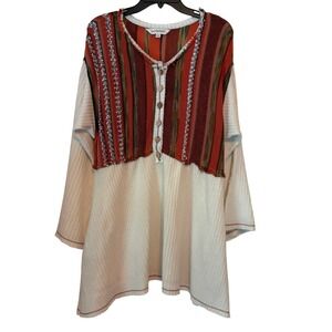 Davi & Dani Tunic Top Womens L Long Sleeve Button Front Striped Knit Blouse